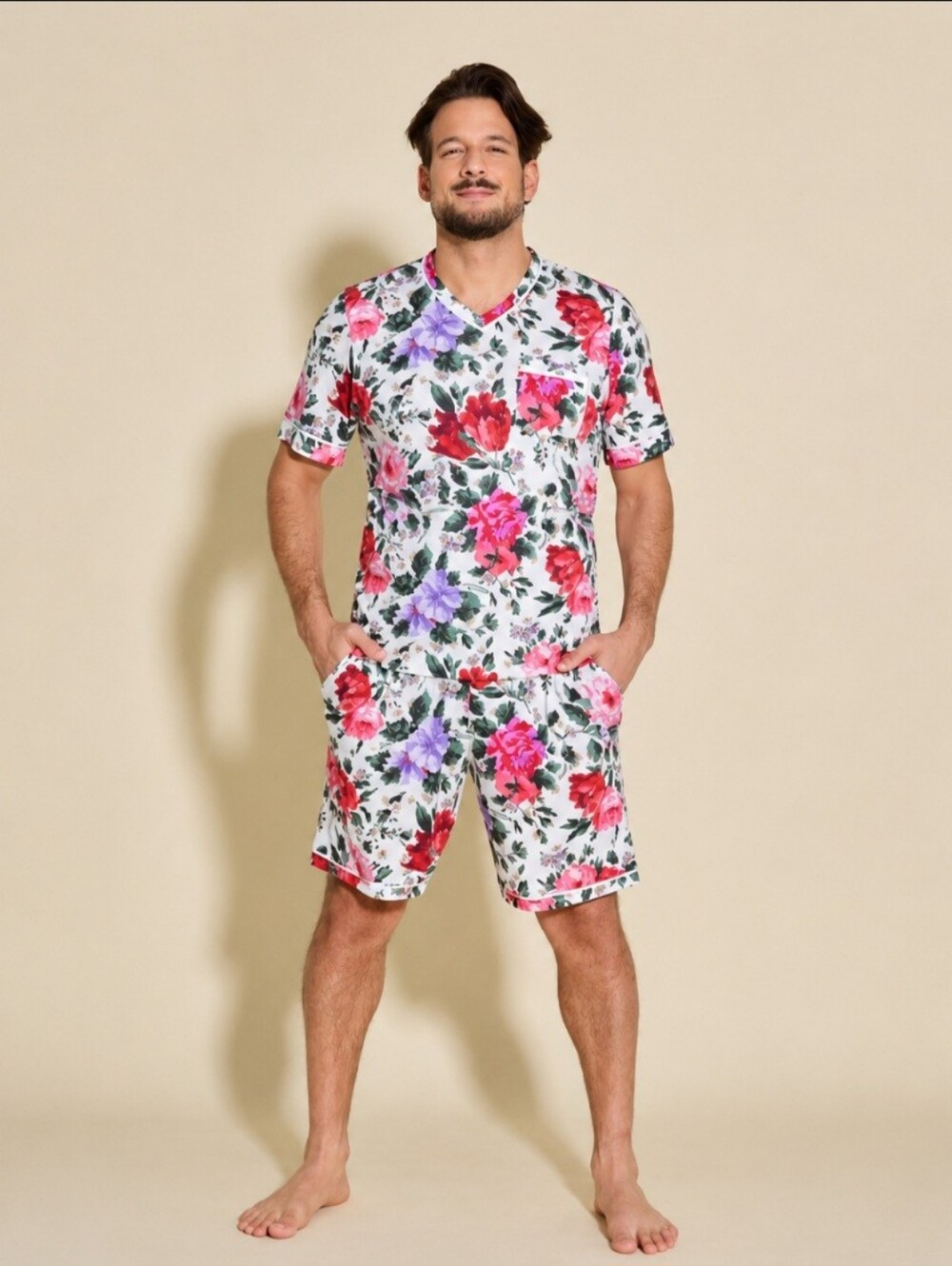 Cosabella White Floral V-Neck Short Set with Red & Purple Blooms